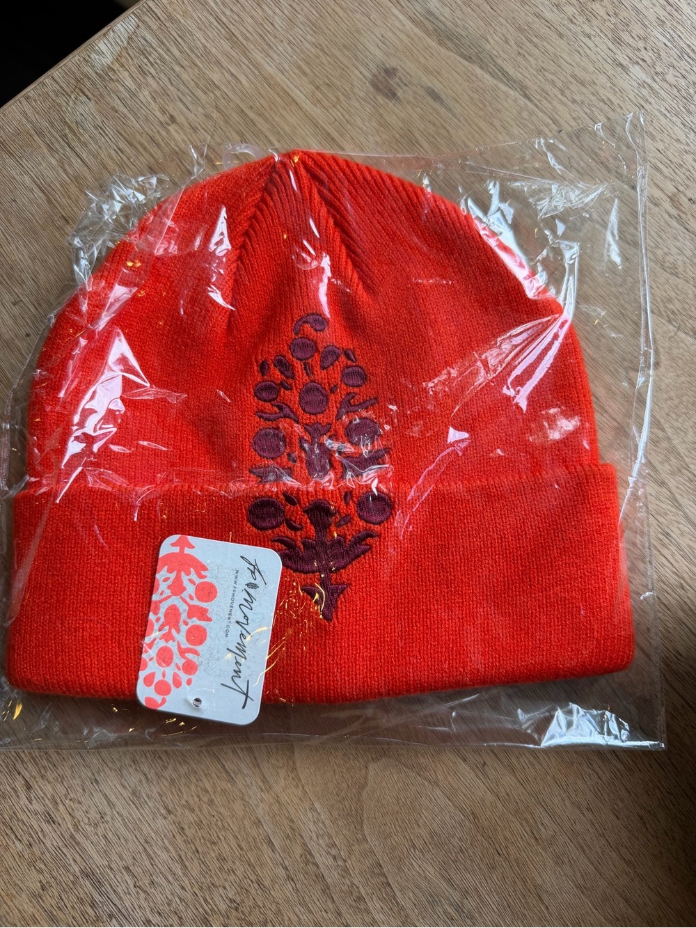 FP Movement Red Embroidered Beanie Hat
